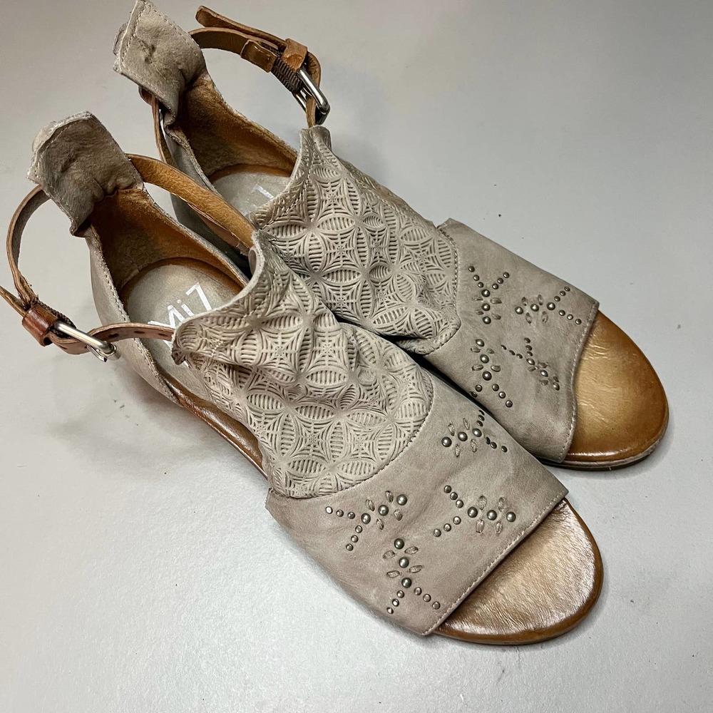 Miz Mooz Carey Sandal Womens Size 38 US 7.5 Gray Embellished Side Cutout Leather